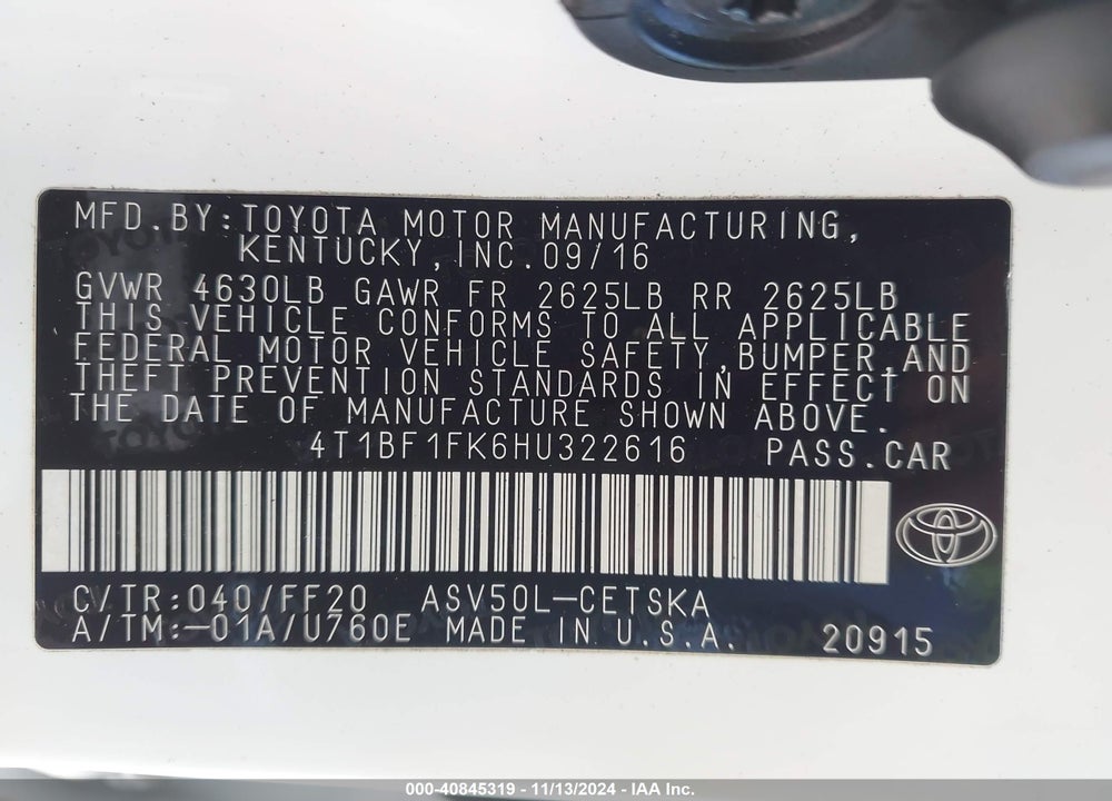 2017 TOYOTA CAMRY SE VIN: 4T1BF1FK6HU322616