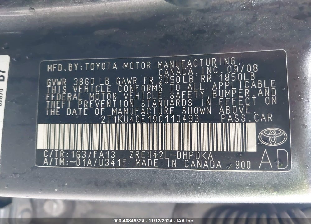 2009 TOYOTA MATRIX VIN: 2T1KU40E19C110493