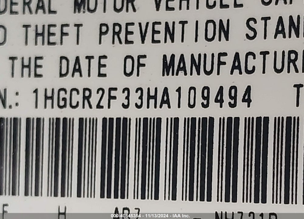 2017 HONDA ACCORD LX VIN: 1HGCR2F33HA109494