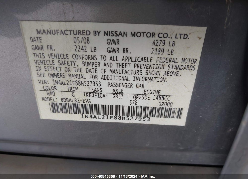 2008 NISSAN ALTIMA 2.5 S VIN: 1N4AL21E88N527953