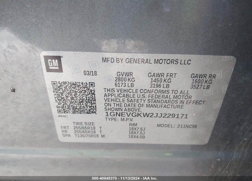 2018 CHEVROLET TRAVERSE VIN: 1GNEVGKW2JJ229171