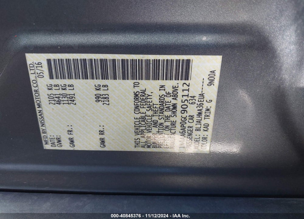 2016 NISSAN MAXIMA 3.5 PLATINUM VIN: 1N4AA6AP0GC905112