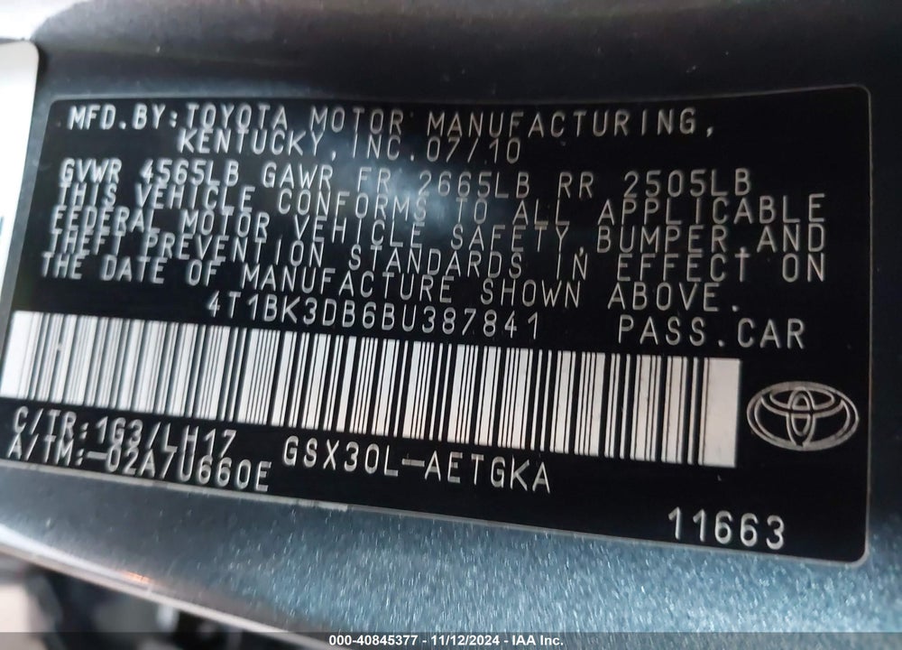 2011 TOYOTA AVALON VIN: 4T1BK3DB6BU387841