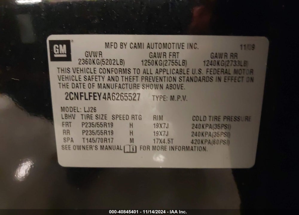 2010 CHEVROLET EQUINOX LTZ VIN: 2CNFLFEY4A6265527