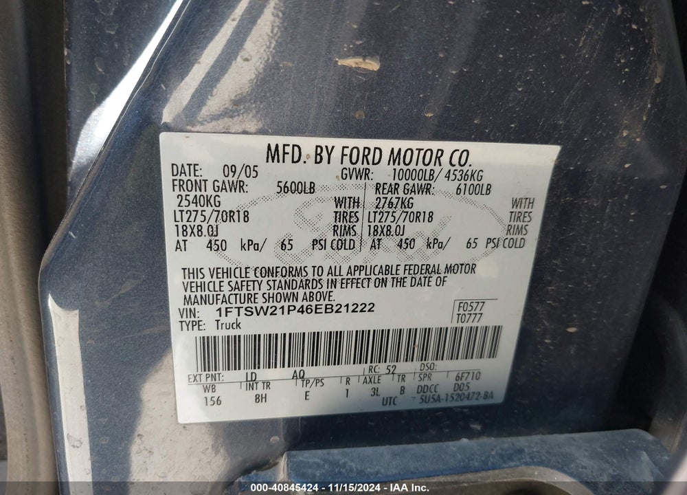 2006 FORD F-250 LARIAT/XL/XLT VIN: 1FTSW21P46EB21222