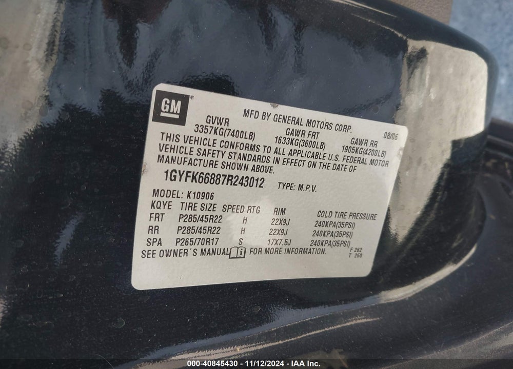 2007 CADILLAC ESCALADE ESV STANDARD VIN: 1GYFK66887R243012