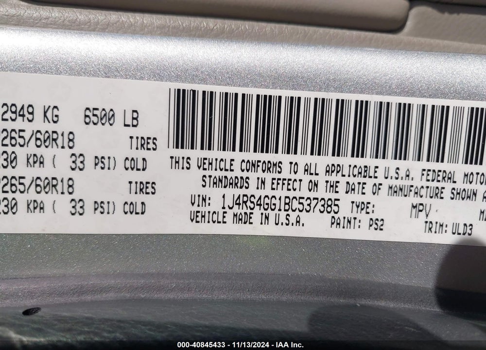 2011 JEEP GRAND CHEROKEE VIN: 1J4RS4GG1BC537385