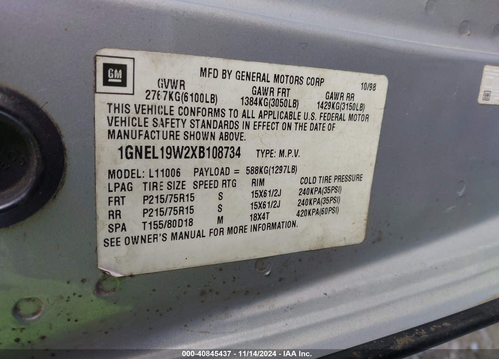 1999 CHEVROLET ASTRO VIN: 1GNEL19W2XB108734