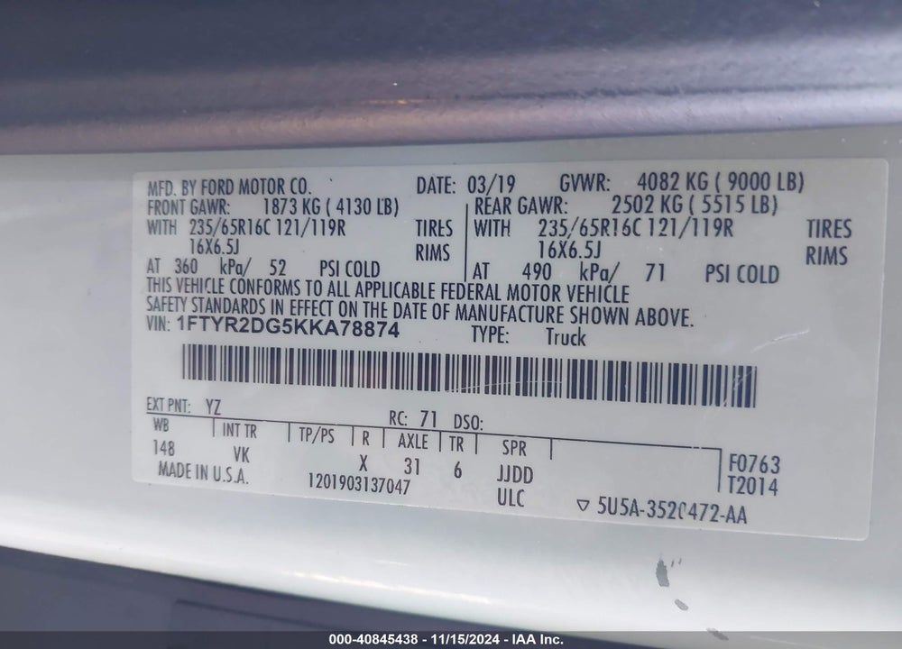 2019 FORD TRANSIT-250 VIN: 1FTYR2DG5KKA78874
