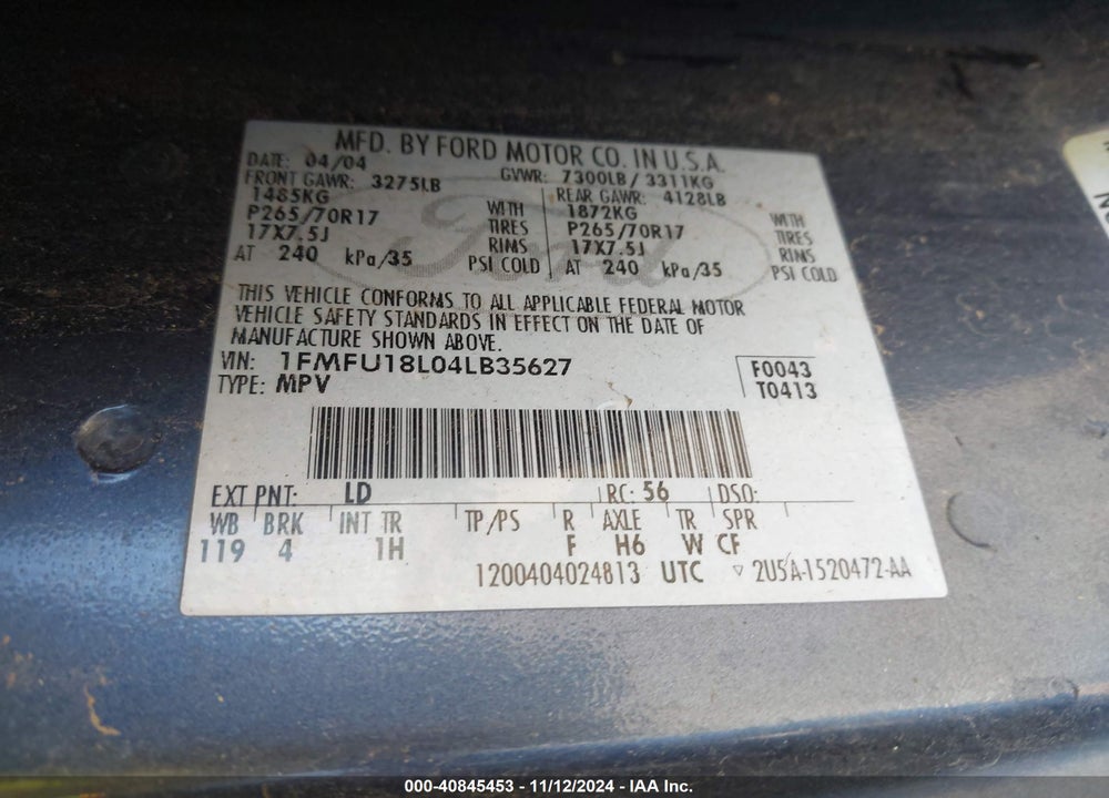 2004 FORD EXPEDITION EDDIE BAUER VIN: 1FMFU18L04LB35627