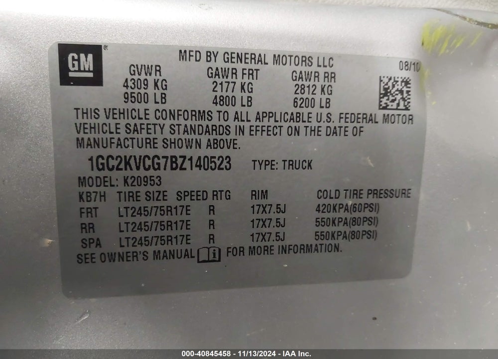 2011 CHEVROLET SILVERADO VIN: 1GC2KVCG7BZ140523
