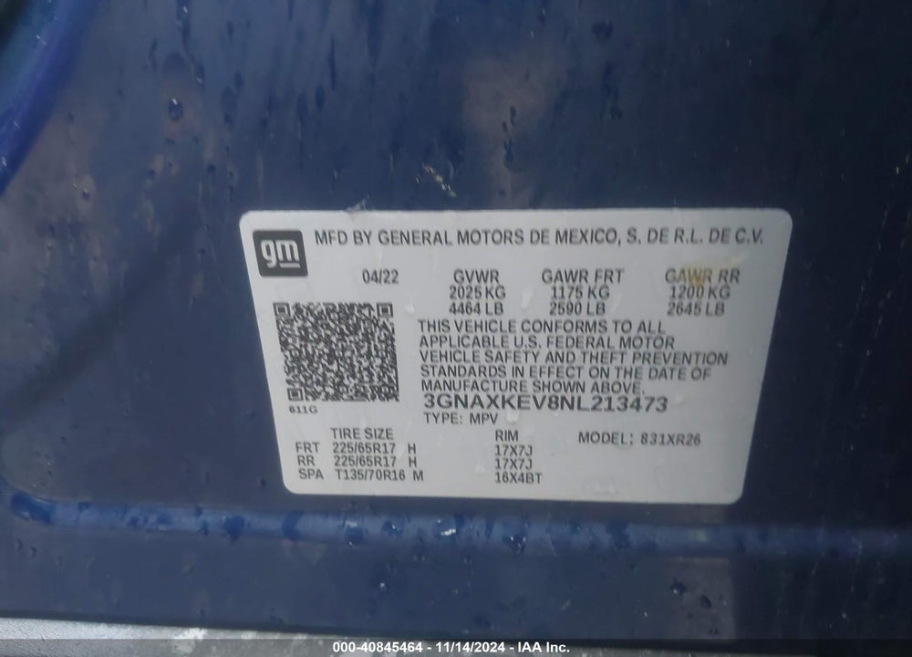 2022 CHEVROLET EQUINOX FWD LT VIN: 3GNAXKEV8NL213473