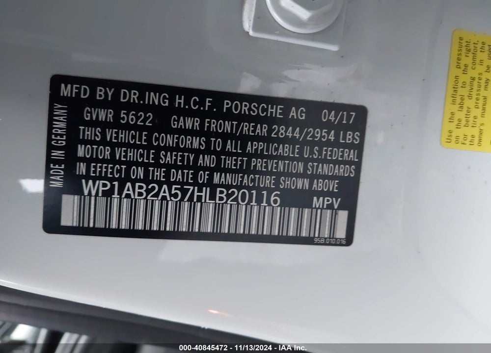 2017 PORSCHE MACAN S VIN: WP1AB2A57HLB20116