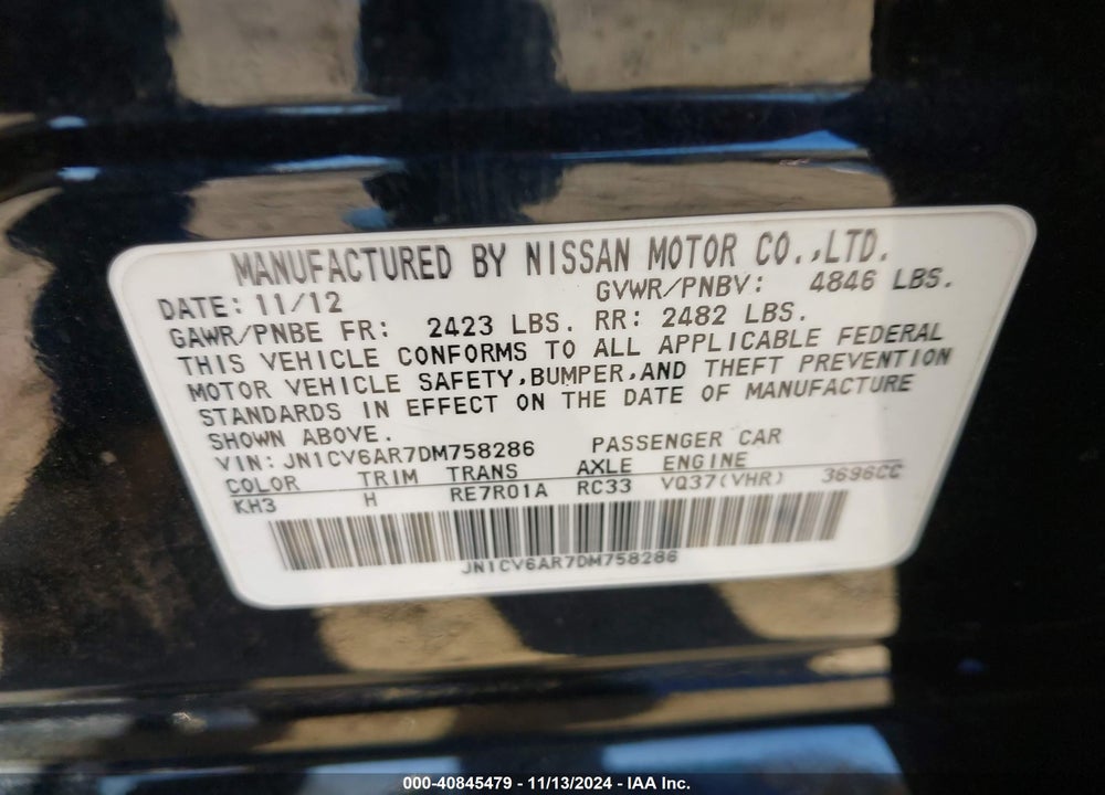 2013 INFINITI G37X VIN: JN1CV6AR7DM758286