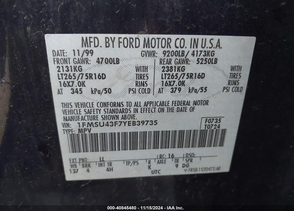 2000 FORD EXCURSION LIMITED VIN: 1FMSU43F7YEB39735