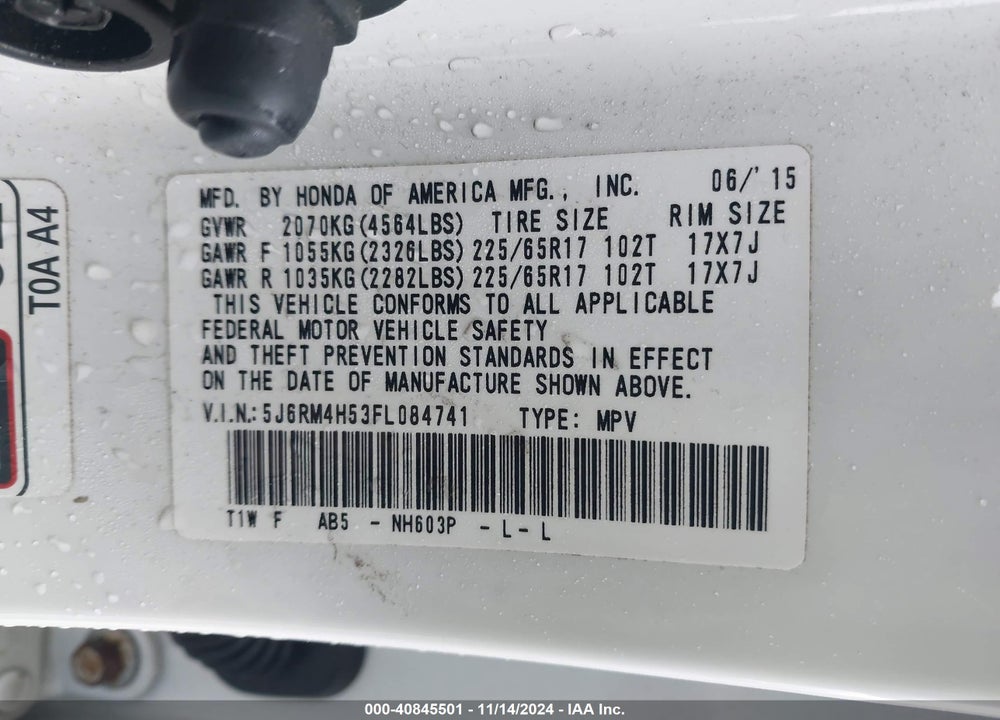 2015 HONDA CR-V EX VIN: 5J6RM4H53FL084741