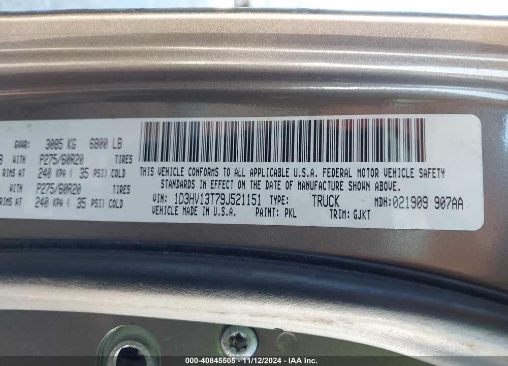 2009 DODGE RAM 1500 LARAMIE VIN: 1D3HV13T79J521151