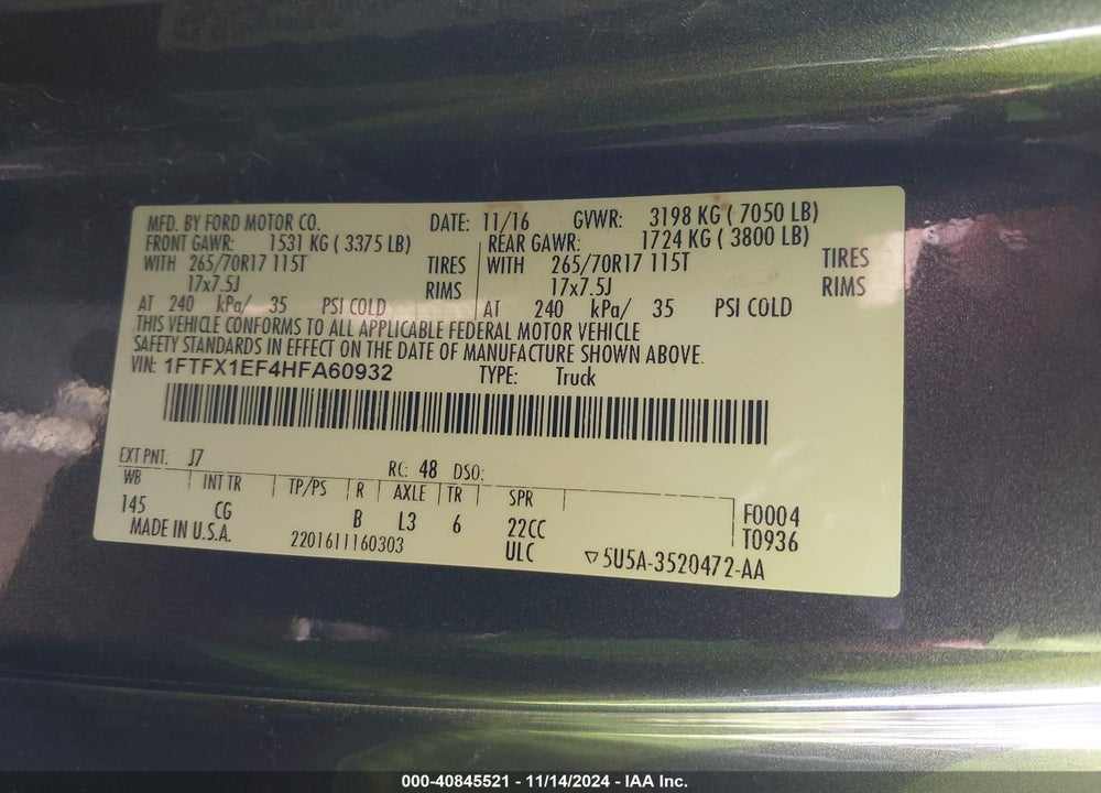 2017 FORD F-150 XL VIN: 1FTFX1EF4HFA60932