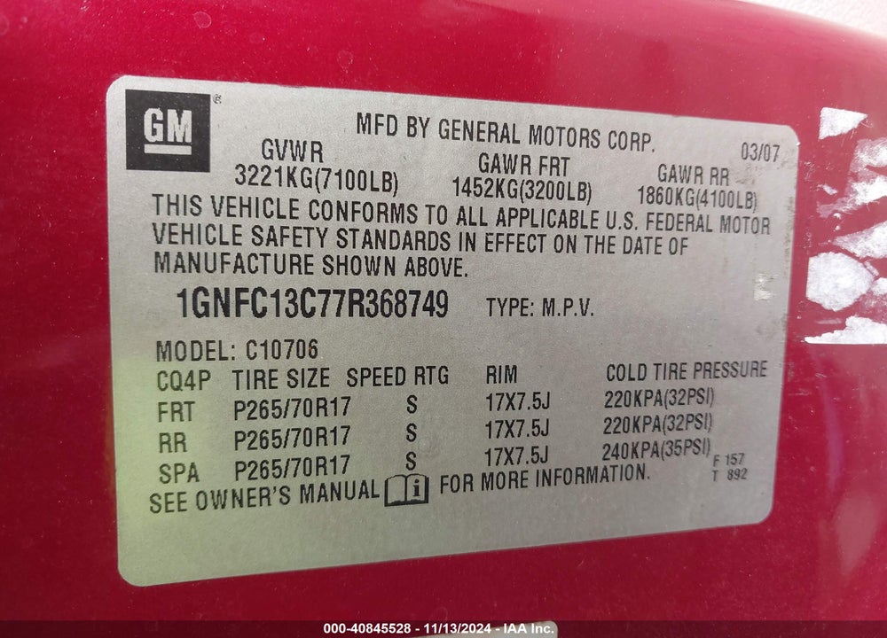 2007 CHEVROLET TAHOE LS VIN: 1GNFC13C77R368749