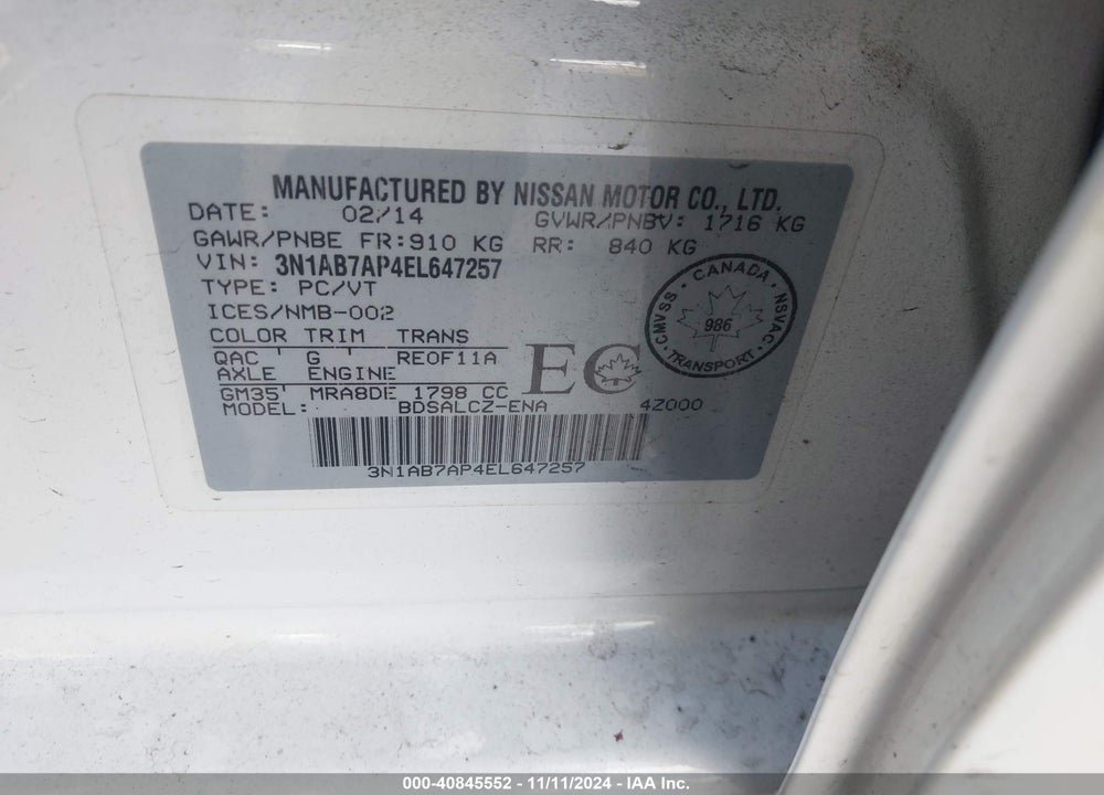 2014 NISSAN SENTRA FE+ S/FE+ SV/S/SL/SR/SV VIN: 3N1AB7AP4EL647257