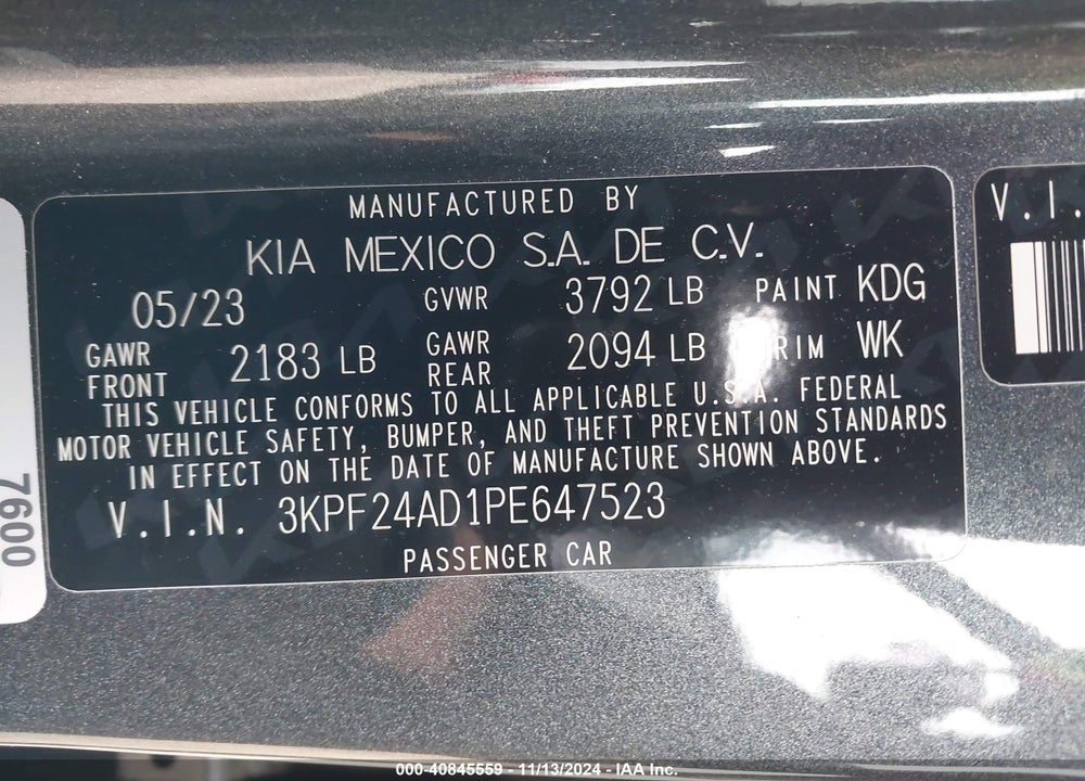 2023 KIA FORTE VIN: 3KPF24AD1PE647523