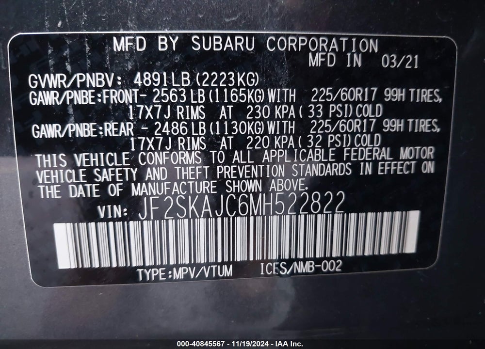 2021 SUBARU FORESTER VIN: JF2SKAJC6MH522822