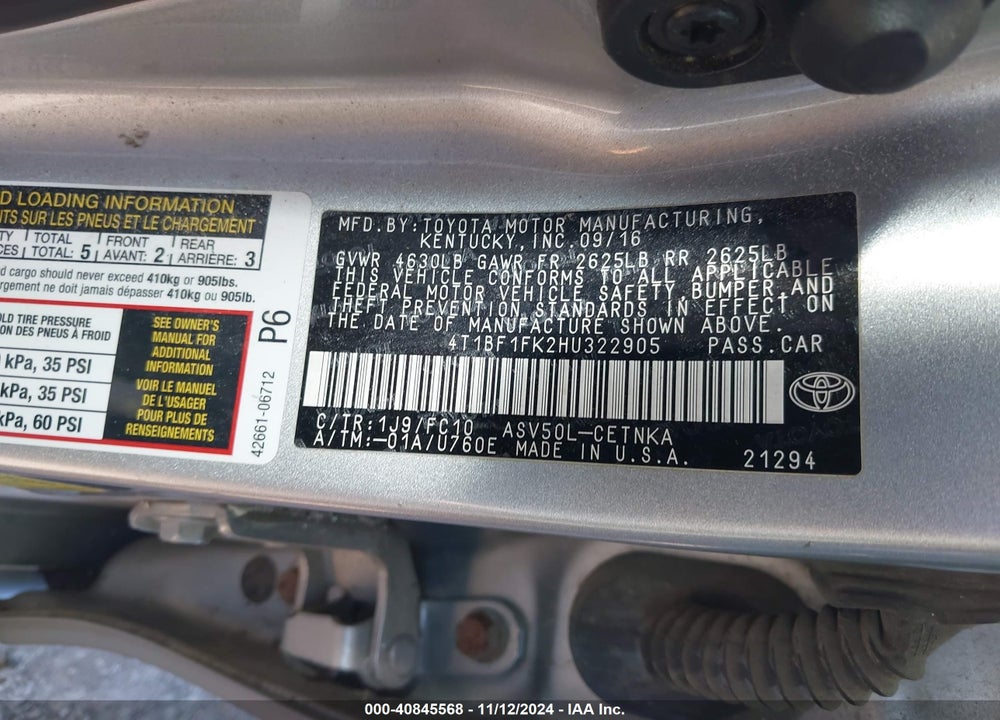 2017 TOYOTA CAMRY LE VIN: 4T1BF1FK2HU322905