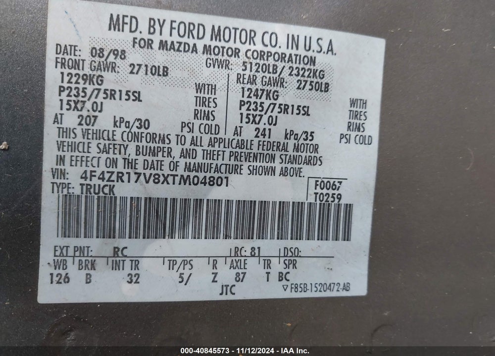 1999 MAZDA B3000 SE VIN: 4F4ZR17V8XTM04801