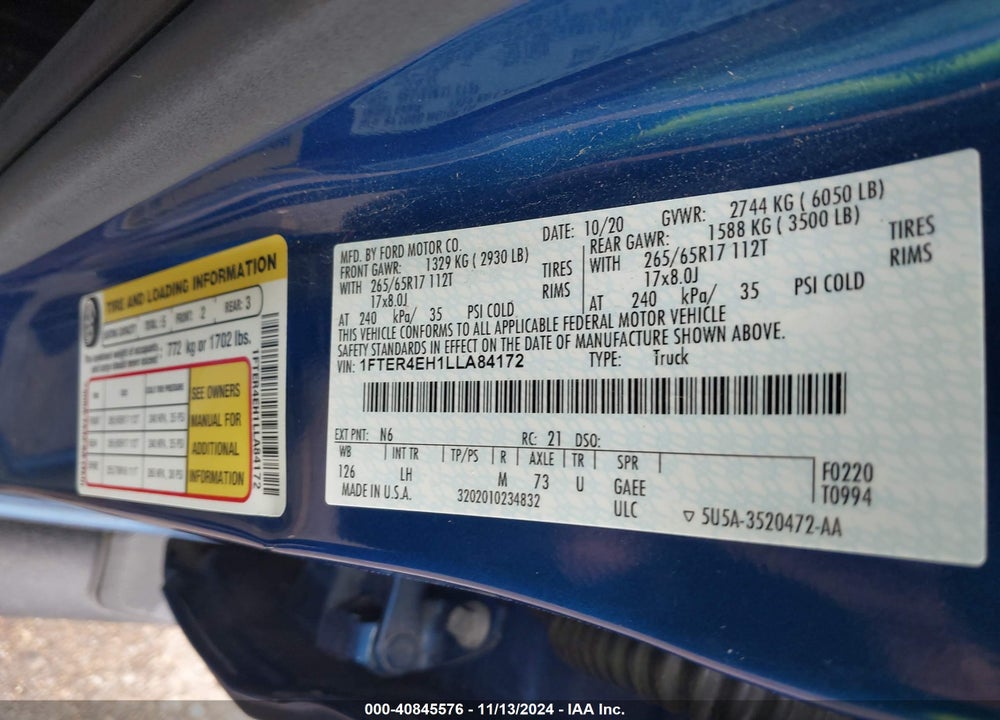2020 FORD RANGER XLT VIN: 1FTER4EH1LLA84172