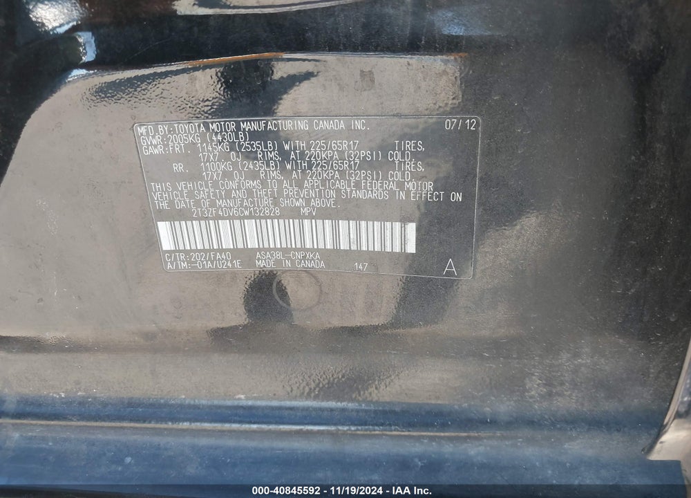 2012 TOYOTA RAV4 VIN: 2T3ZF4DV6CW132828