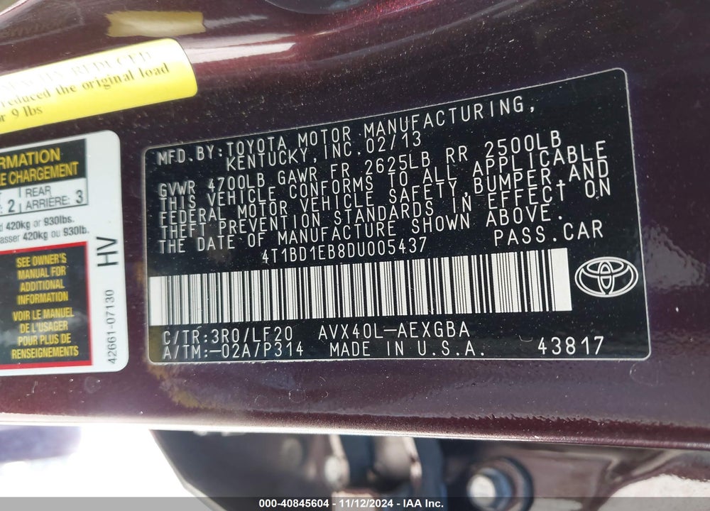 2013 TOYOTA AVALON HYBRID XLE PREMIUM VIN: 4T1BD1EB8DU005437