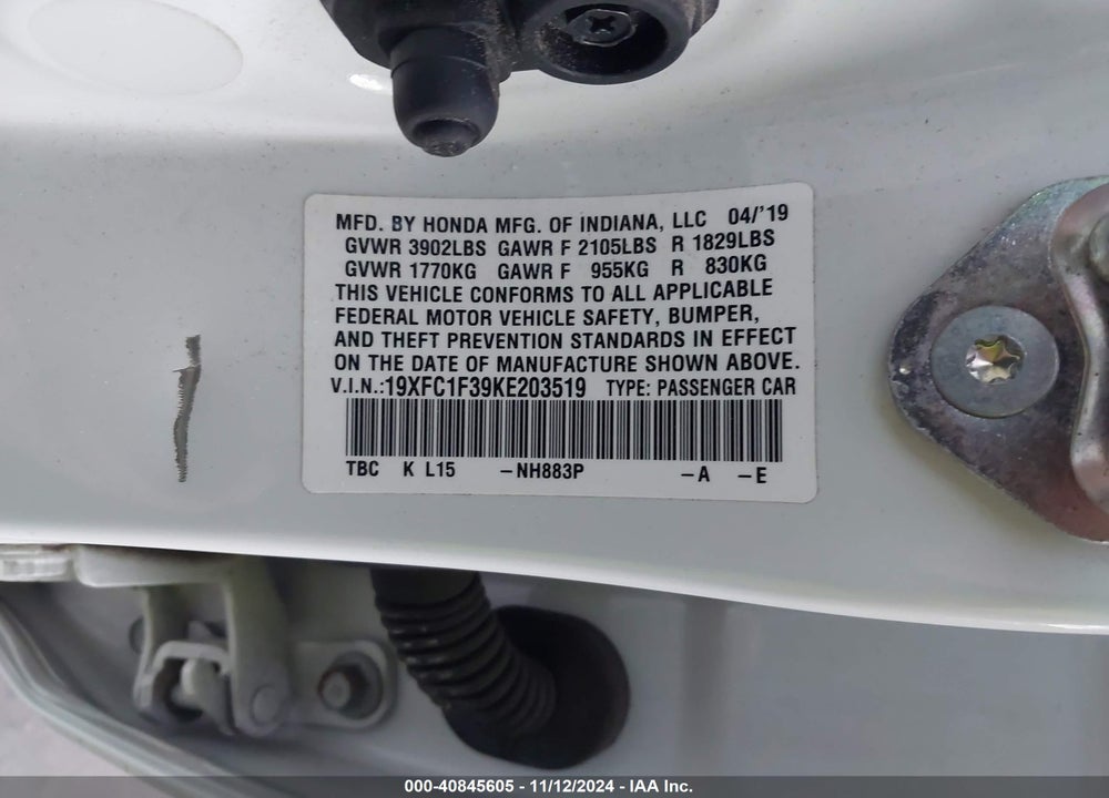 2019 HONDA CIVIC EX VIN: 19XFC1F39KE203519