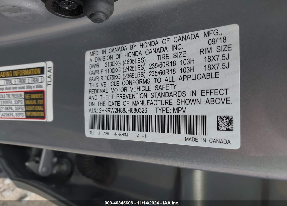 2018 HONDA CR-V EX-L/EX-L NAVI VIN: 2HKRW2H88JH680326