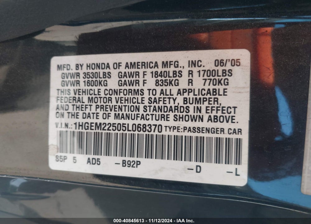 2005 HONDA CIVIC LX VIN: 1HGEM22505L068370