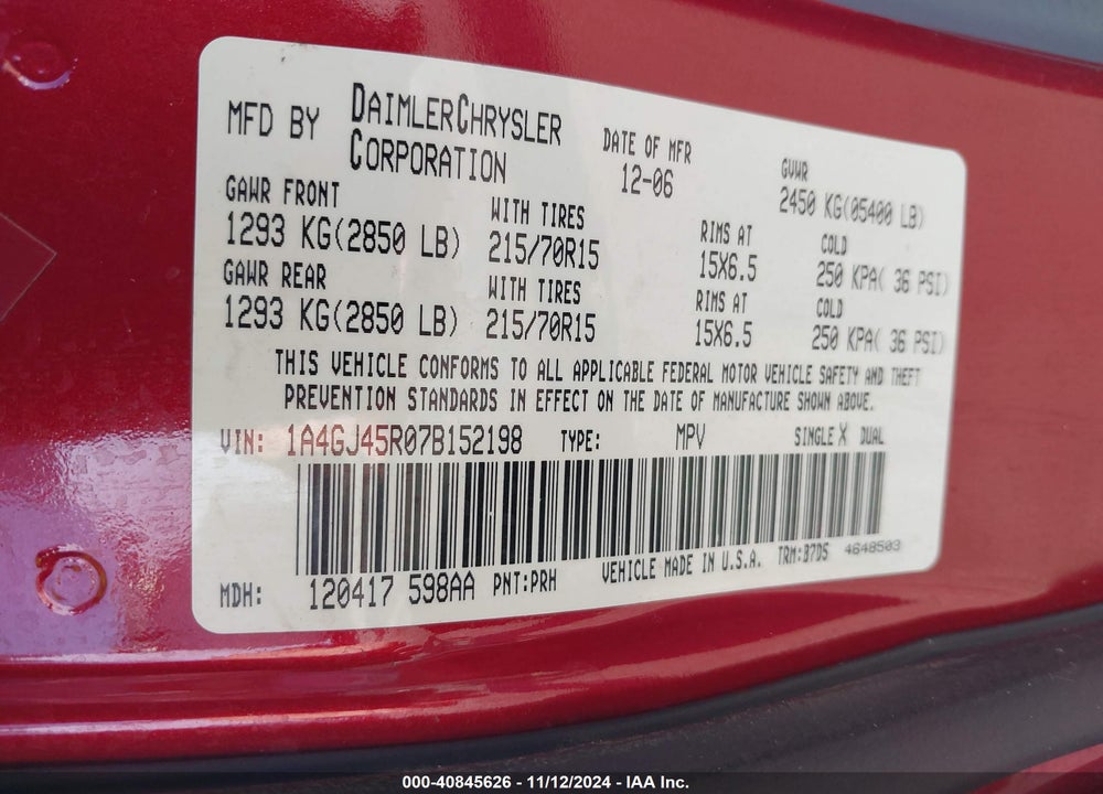2007 CHRYSLER TOWN & COUNTRY VIN: 1A4GJ45R07B152198