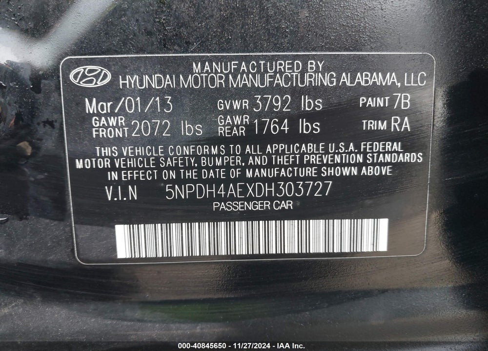 2013 HYUNDAI ELANTRA LIMITED VIN: 5NPDH4AEXDH303727