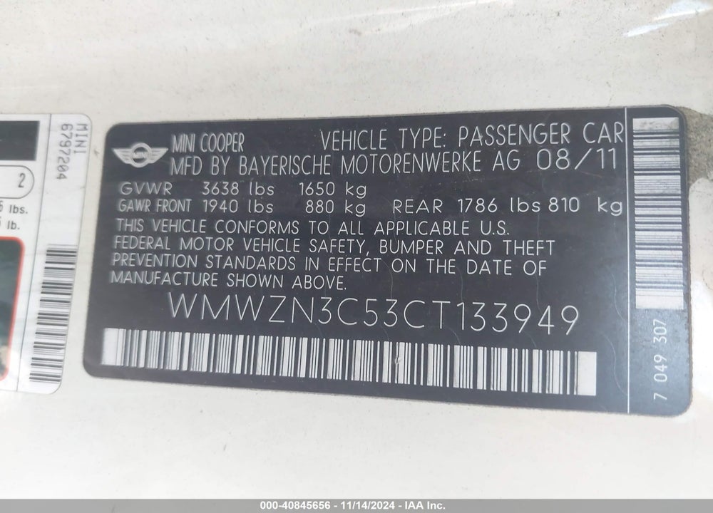 2012 MINI COOPER VIN: WMWZN3C53CT133949