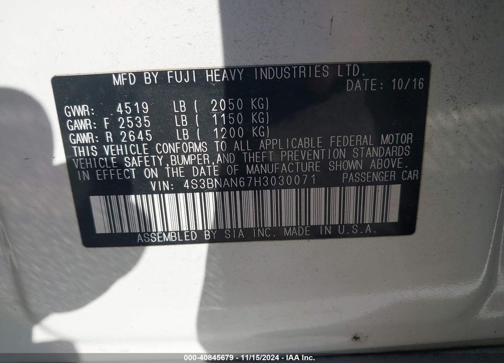2017 SUBARU LEGACY 2.5I LIMITED VIN: 4S3BNAN67H3030071