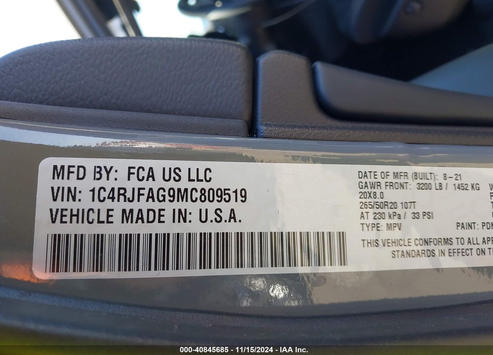 2021 JEEP GRAND CHEROKEE LAREDO X 4X4 VIN: 1C4RJFAG9MC809519