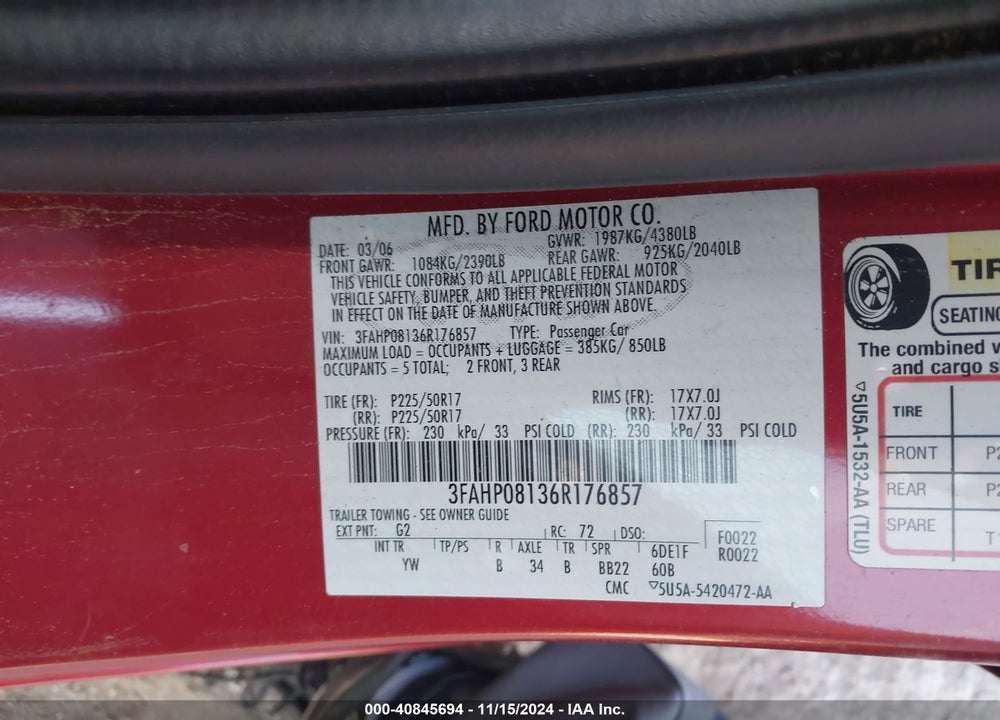 2006 FORD FUSION SEL VIN: 3FAHP08136R176857
