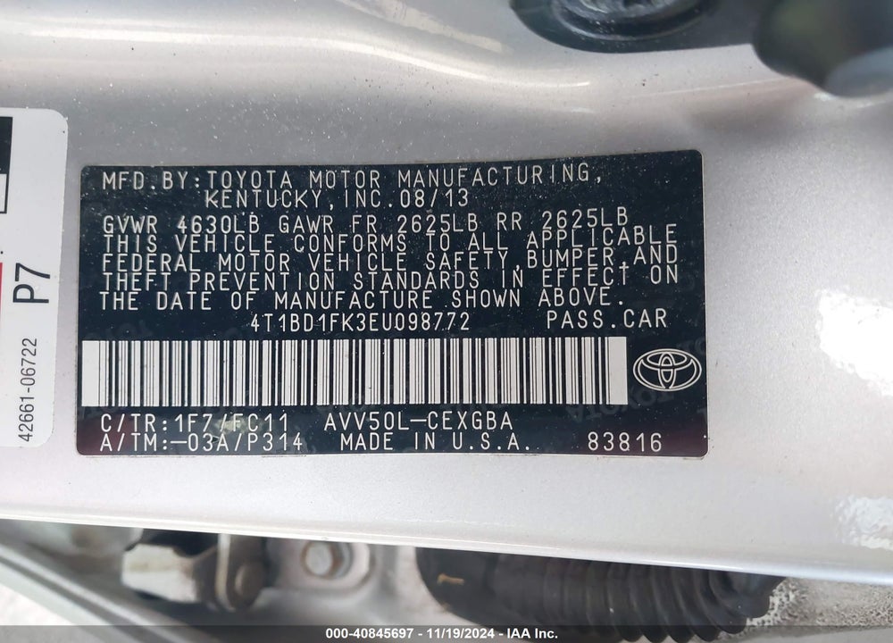 2014 TOYOTA CAMRY HYBRID VIN: 4T1BD1FK3EU098772