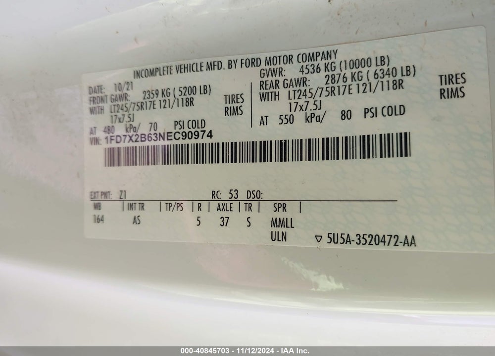2022 FORD F-250 XL VIN: 1FD7X2B63NEC90974