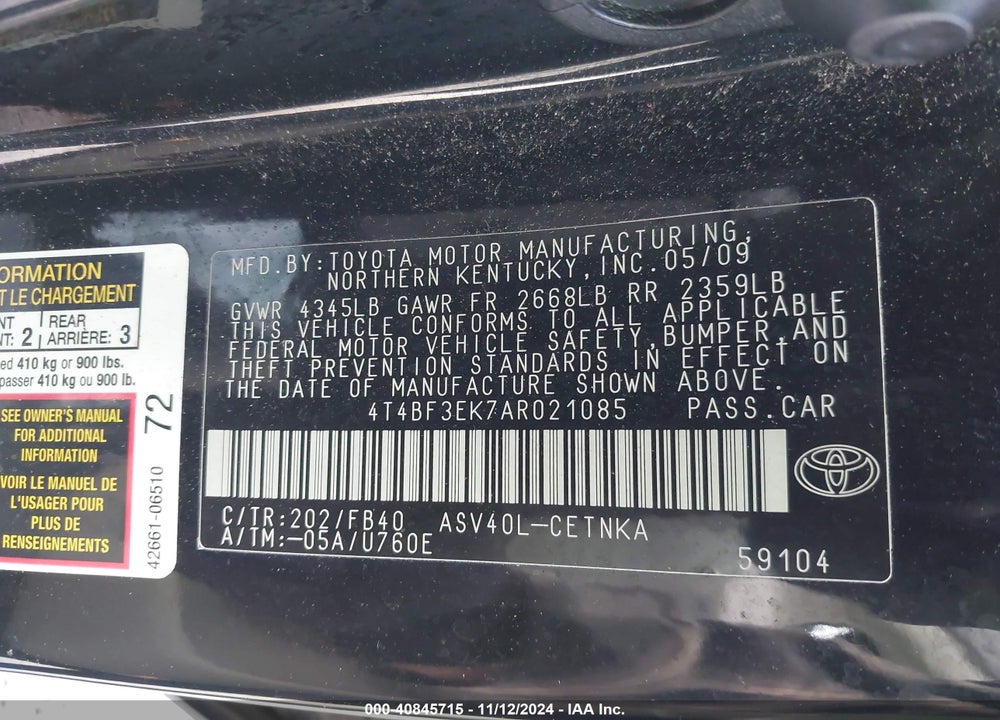 2010 TOYOTA CAMRY LE VIN: 4T4BF3EK7AR021085
