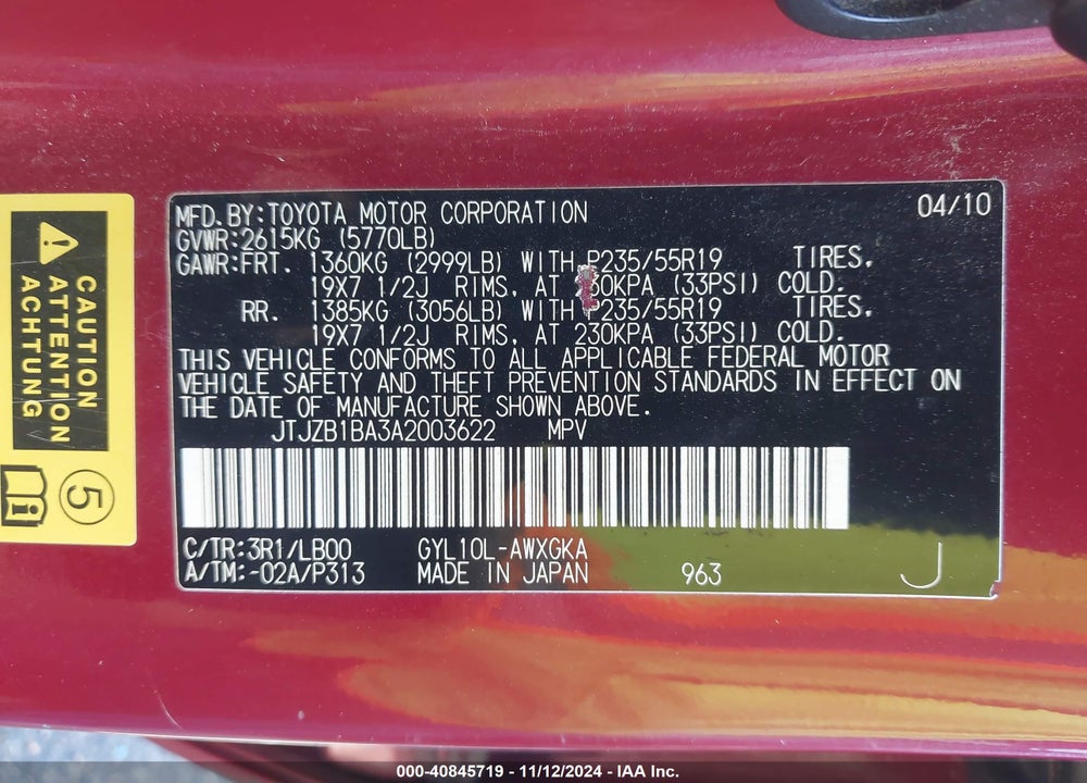 2010 LEXUS RX 450H VIN: JTJZB1BA3A2003622