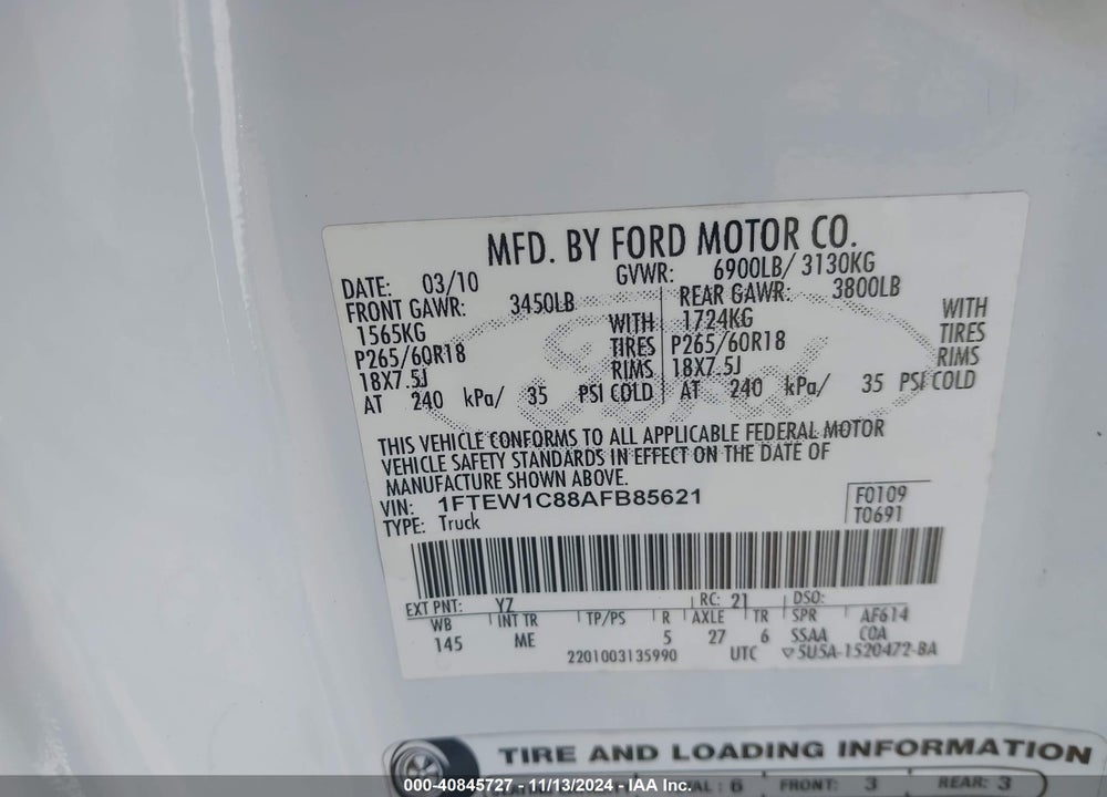 2010 FORD F-150 FX2 SPORT/XL/XLT VIN: 1FTEW1C88AFB85621