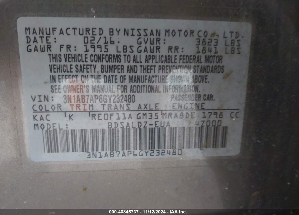 2016 NISSAN SENTRA FE+ S/S/SL/SR/SV VIN: 3N1AB7AP6GY232480