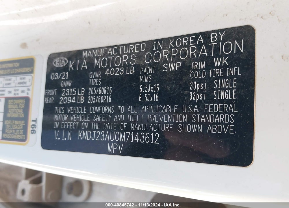2021 KIA SOUL LX VIN: KNDJ23AU0M7143612