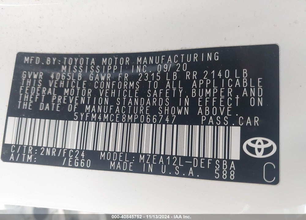2021 TOYOTA COROLLA SE APEX EDITION VIN: 5YFM4MCE8MP066747