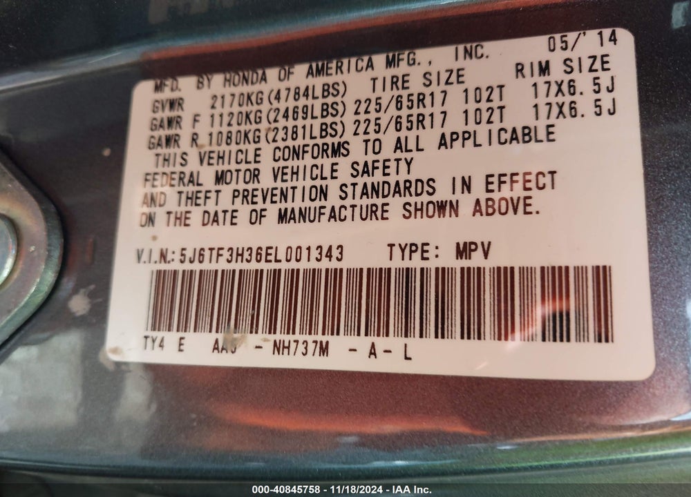 2014 HONDA CROSSTOUR EX VIN: 5J6TF3H36EL001343