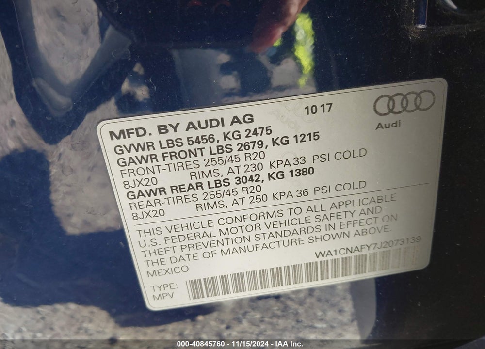 2018 AUDI Q5 2.0T PREMIUM/2.0T TECH PREMIUM VIN: WA1CNAFY7J2073139